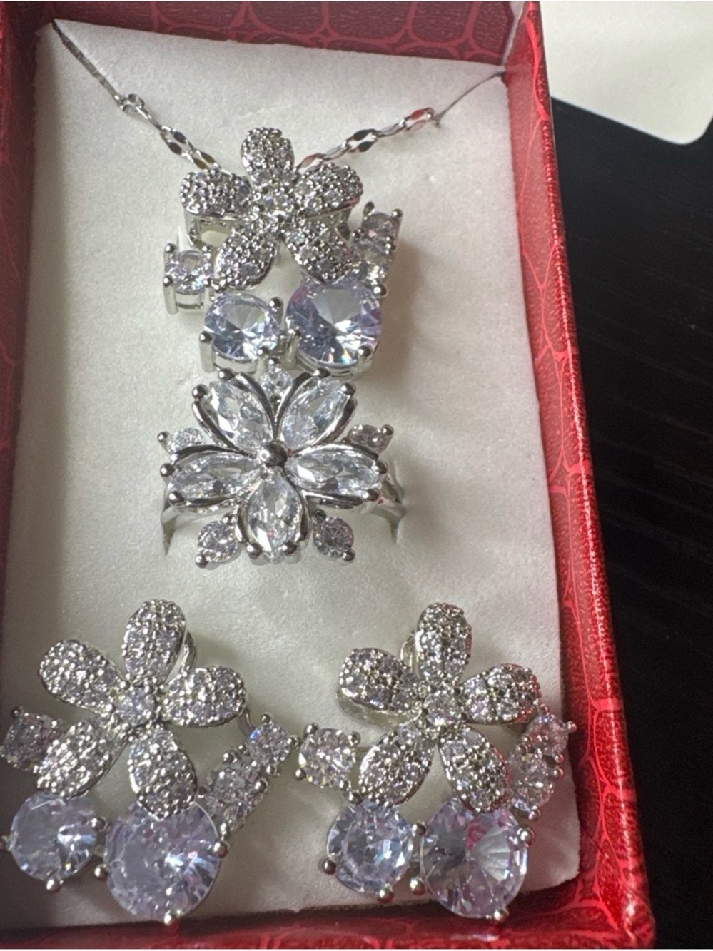 Elegant Silver-Tone White Crystal Floral Necklace ,earrings, and ring set